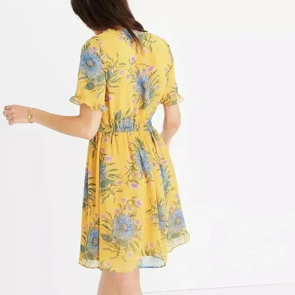 Madewell 00 Sweetgrass Ruffle Sleeve Dress Painted Blooms Yellow Gold Poly J0668 - Picture 8 of 9